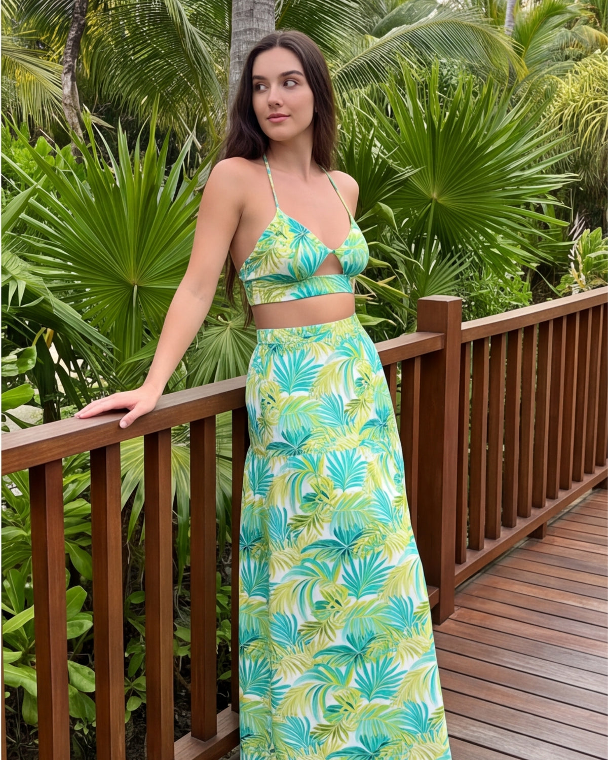 Two-Piece Skirt Set - Green Palms