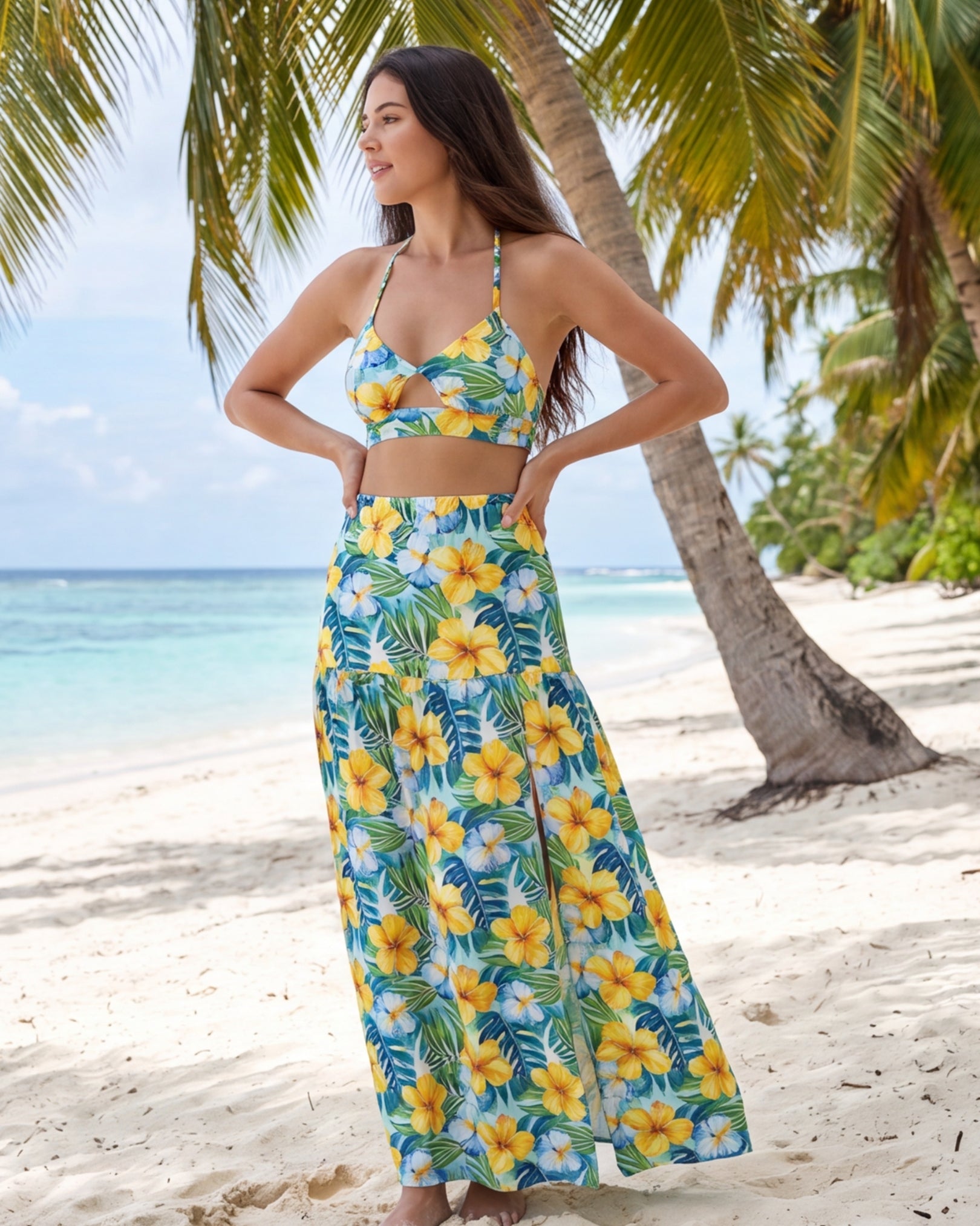 Two-Piece Skirt Set - Yellow Hibiscus