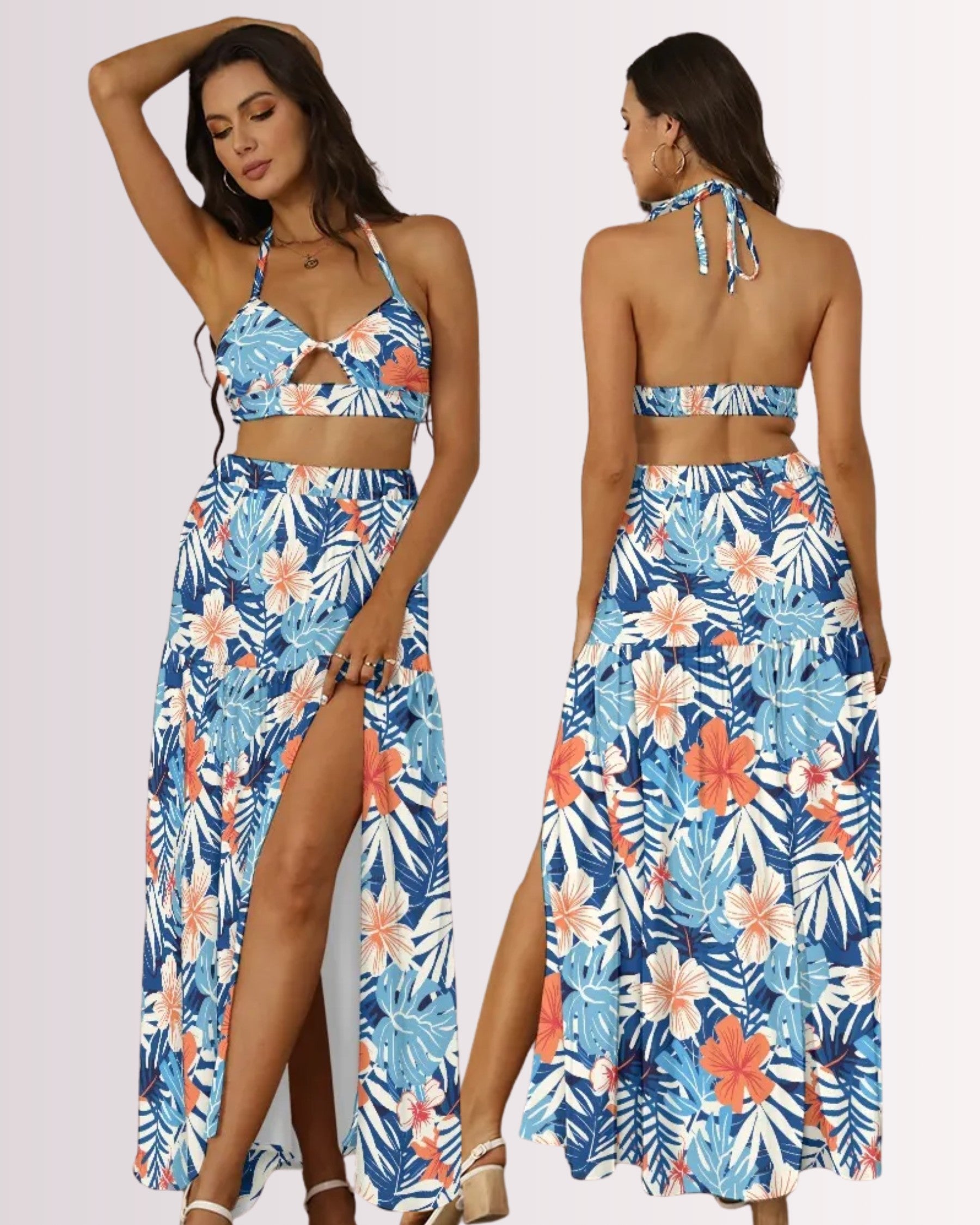 Two-Piece Skirt Set - Blue Tropoical II