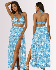 Two-Piece Skirt Set - Blue Palm Trees I