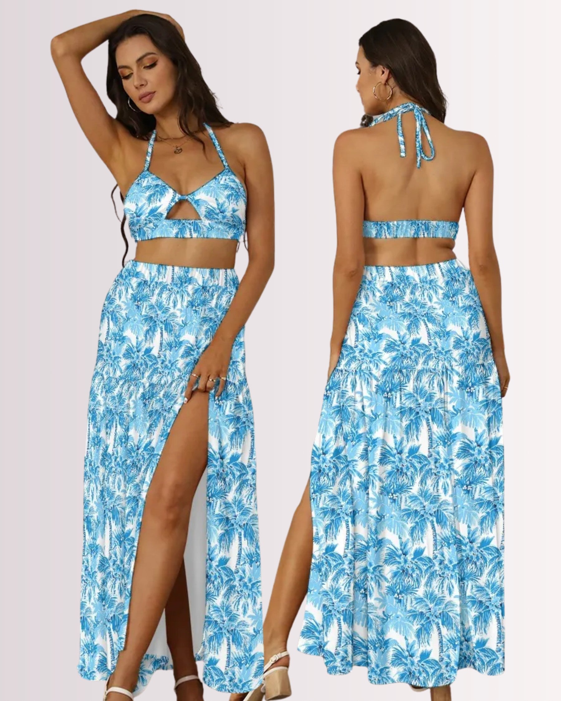 Two-Piece Skirt Set - Blue Palm Trees I