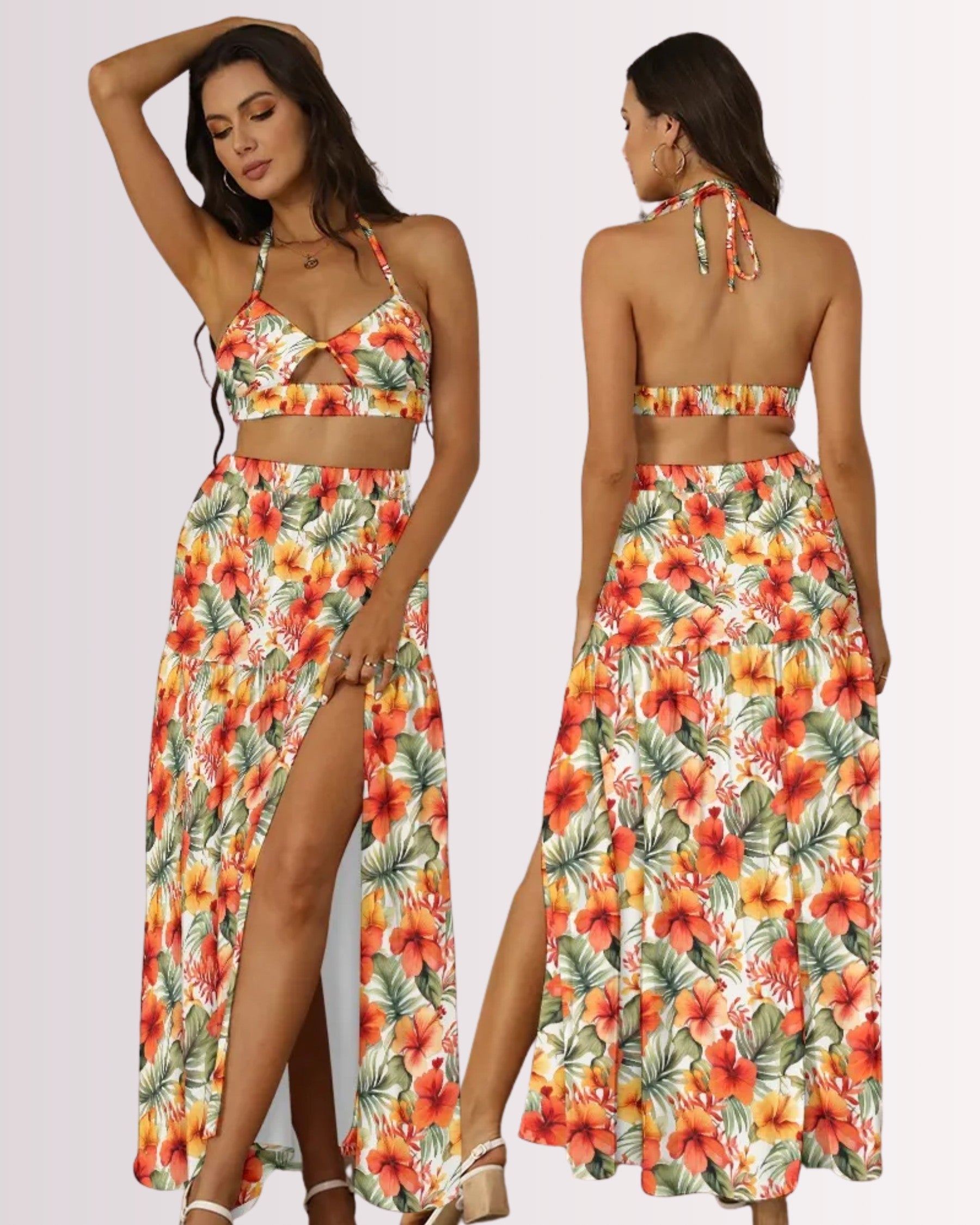 Two-Piece Skirt Set - Orange Hawaiian III