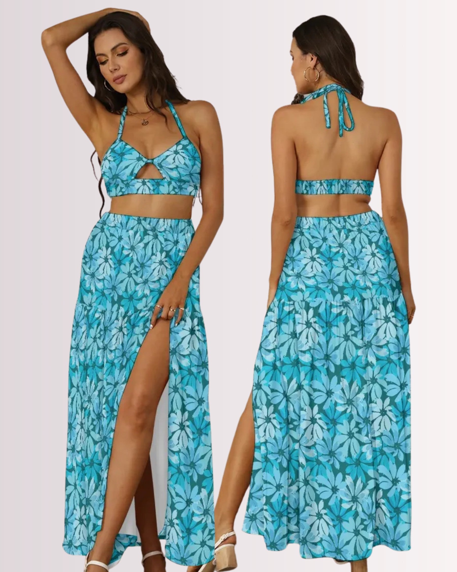 Two-Piece Skirt Set - Tropical Blue Floral I
