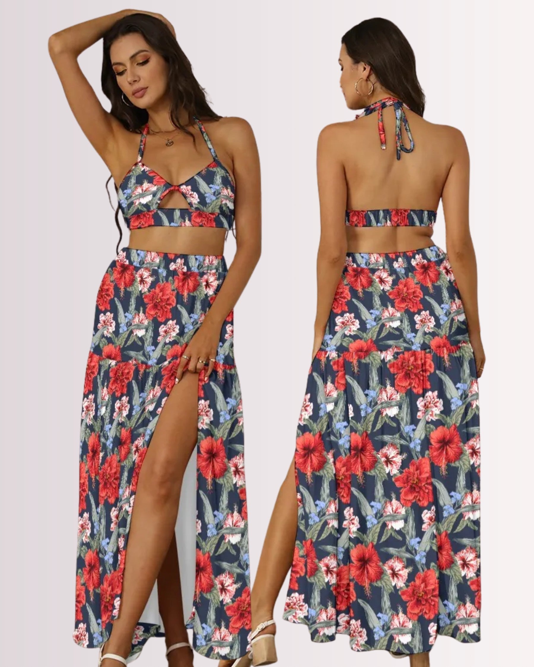 Two-Piece Skirt Set - Tropical Floral IX