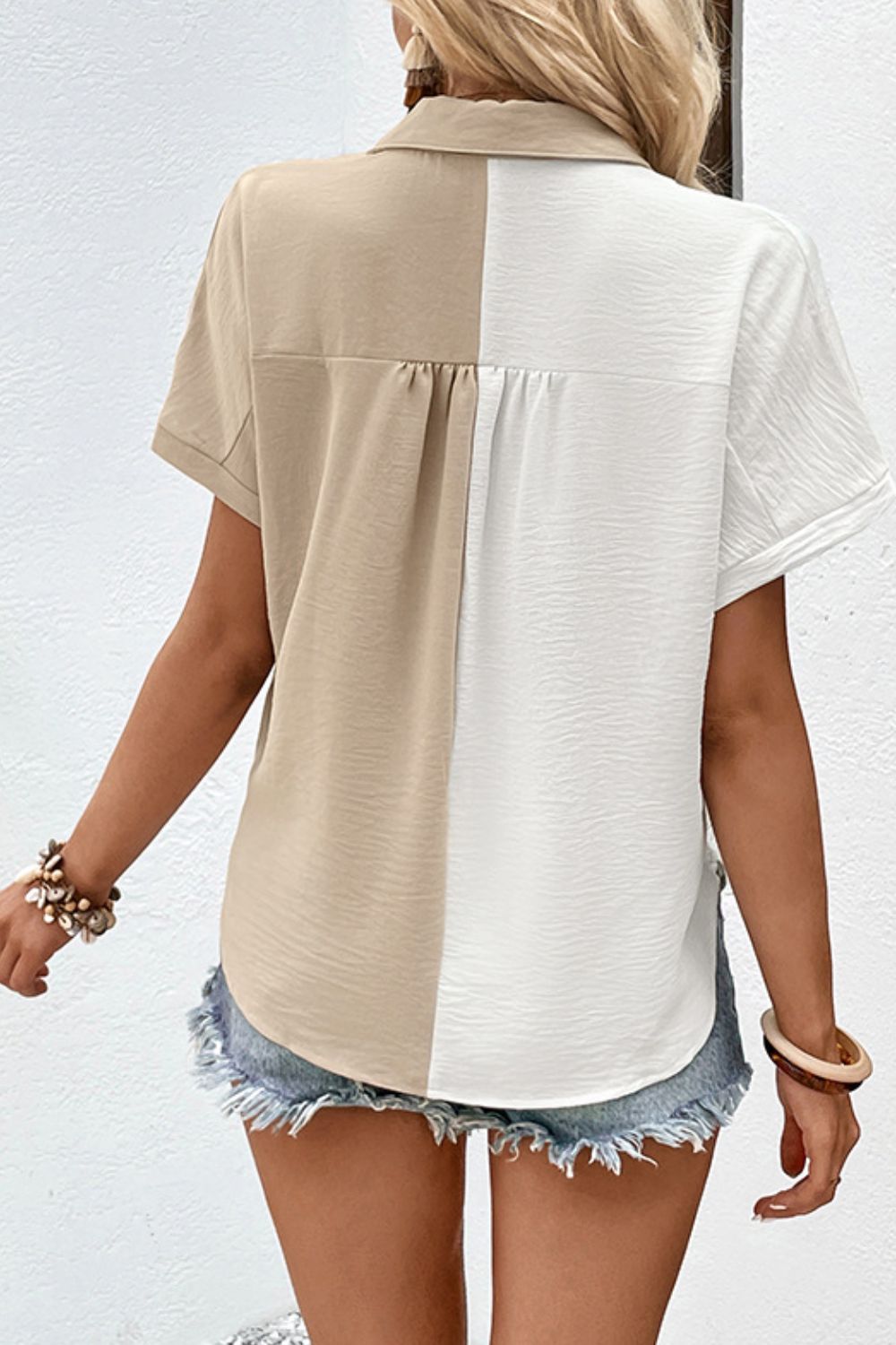 Perfee Two-Tone Contrast Short Sleeve Shirt.