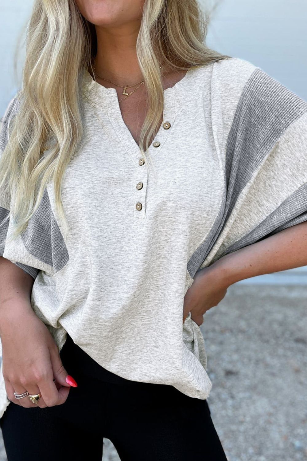 Two Tone Contrast Waffle Knit Patched Buttoned V Neck Top.