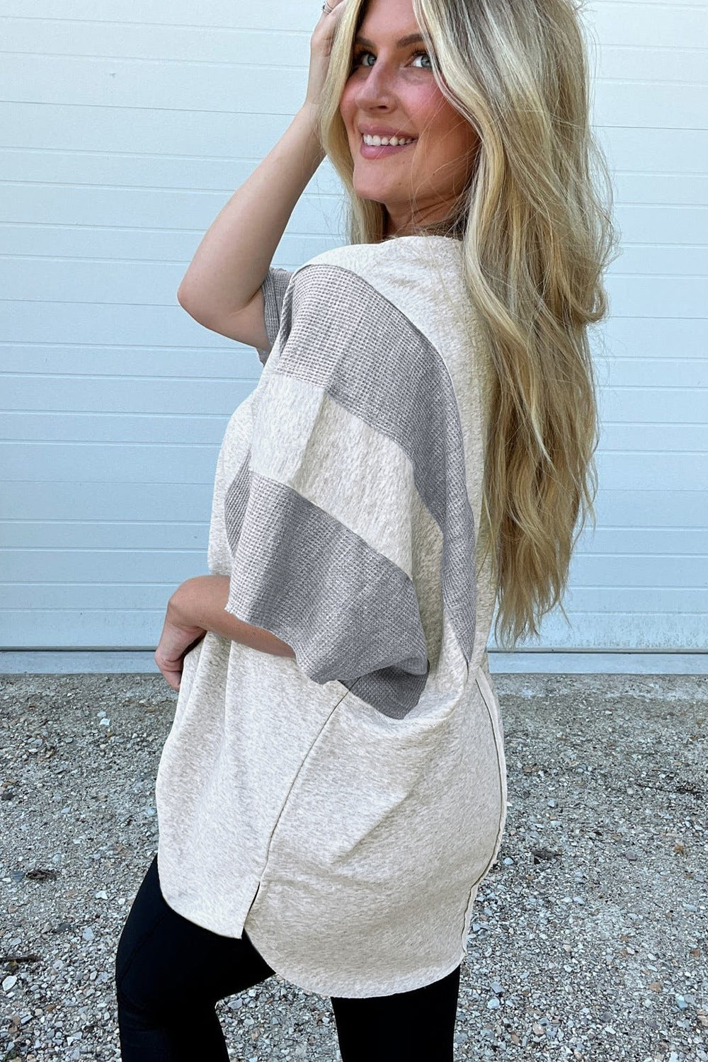 Two Tone Contrast Waffle Knit Patched Buttoned V Neck Top.
