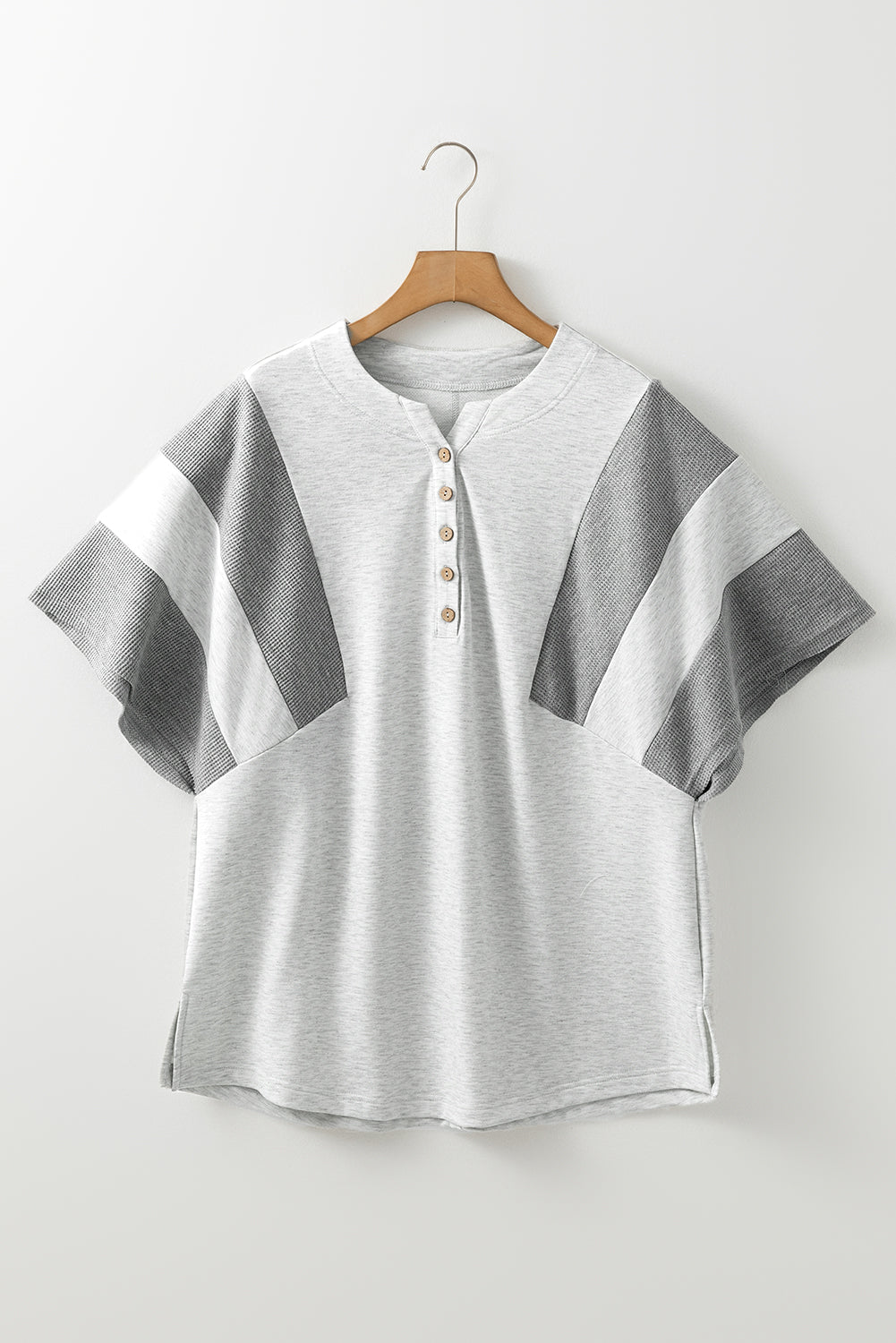 Two Tone Contrast Waffle Knit Patched Buttoned V Neck Top.
