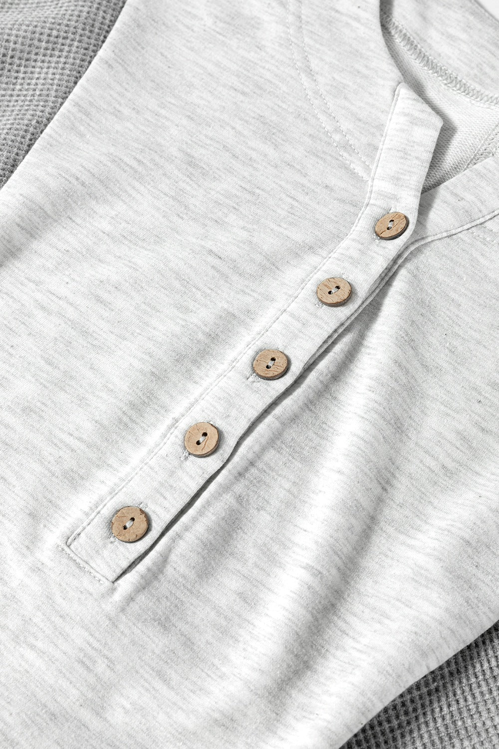 Two Tone Contrast Waffle Knit Patched Buttoned V Neck Top.
