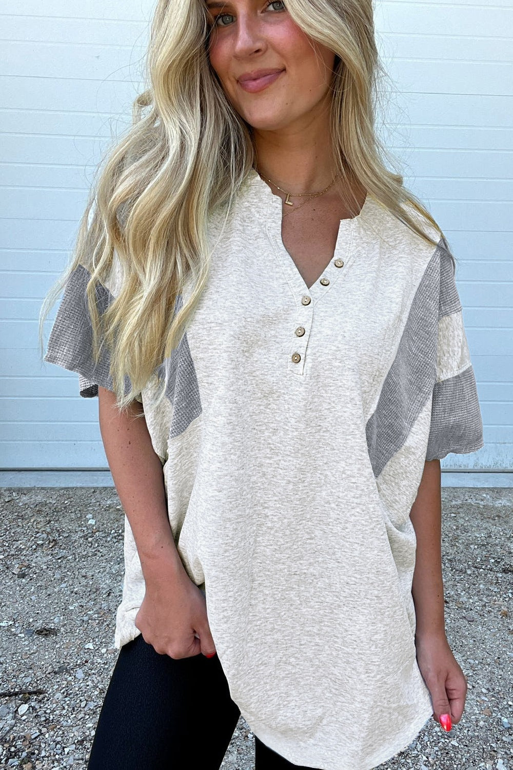 Two Tone Contrast Waffle Knit Patched Buttoned V Neck Top.