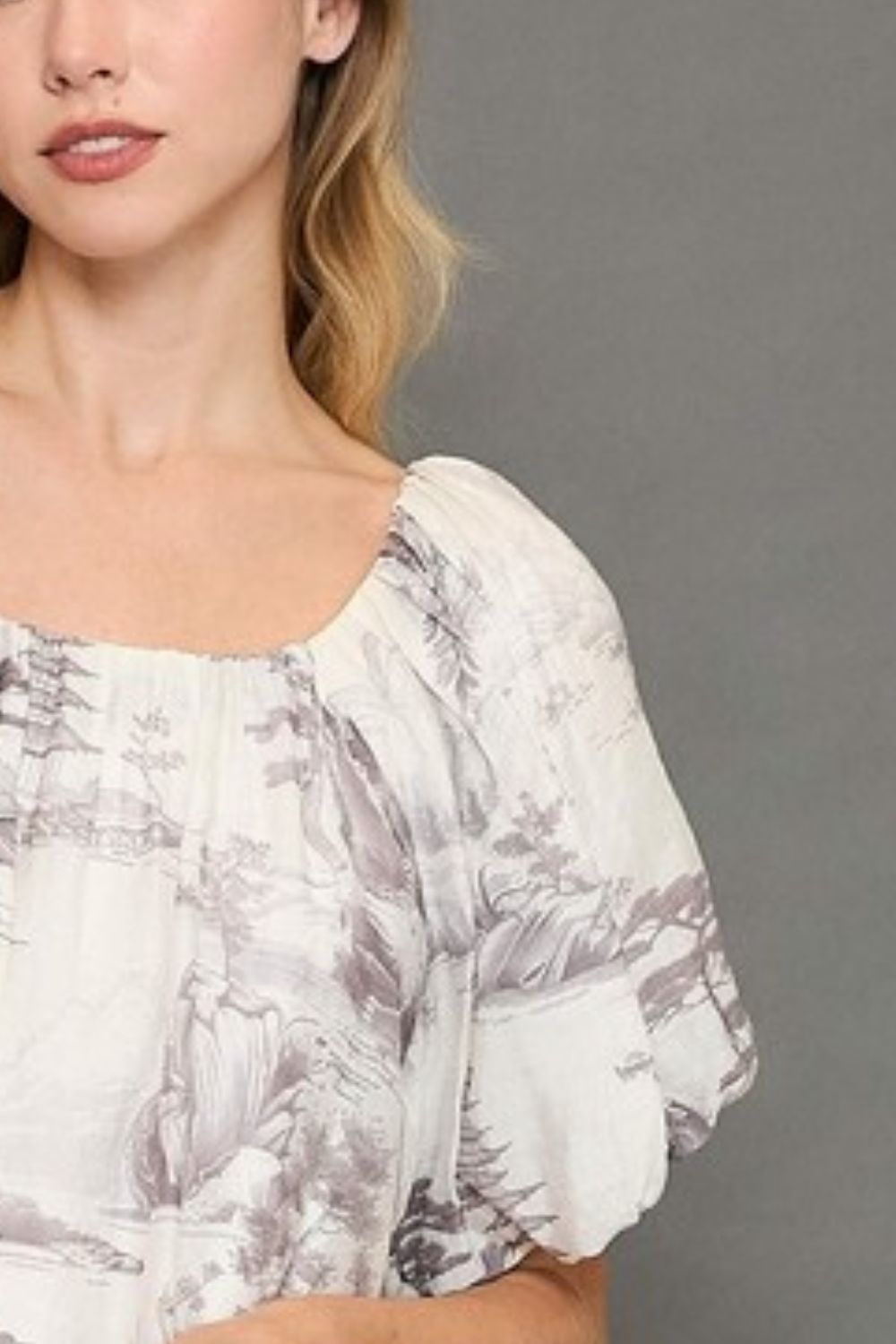 Umgee Full Size Two Tone Toile Print Top, plus size.