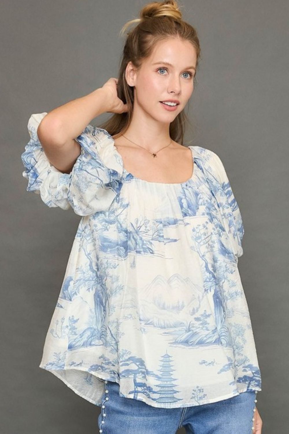 Umgee Full Size Two Tone Toile Print Top, plus size.