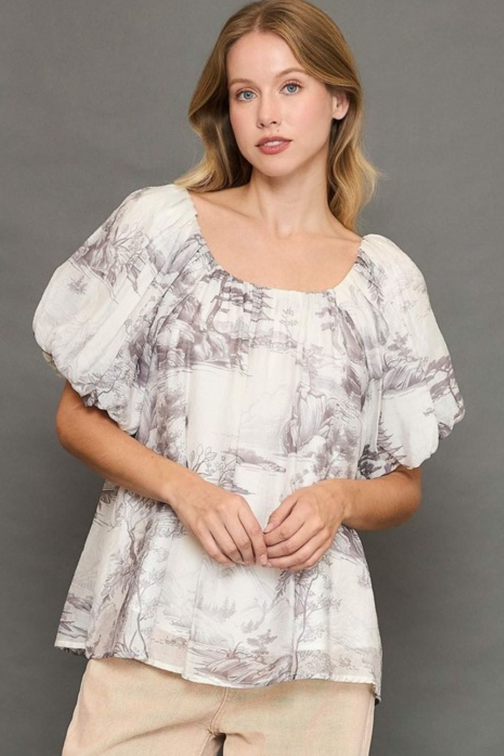 Umgee Full Size Two Tone Toile Print Top, plus size.