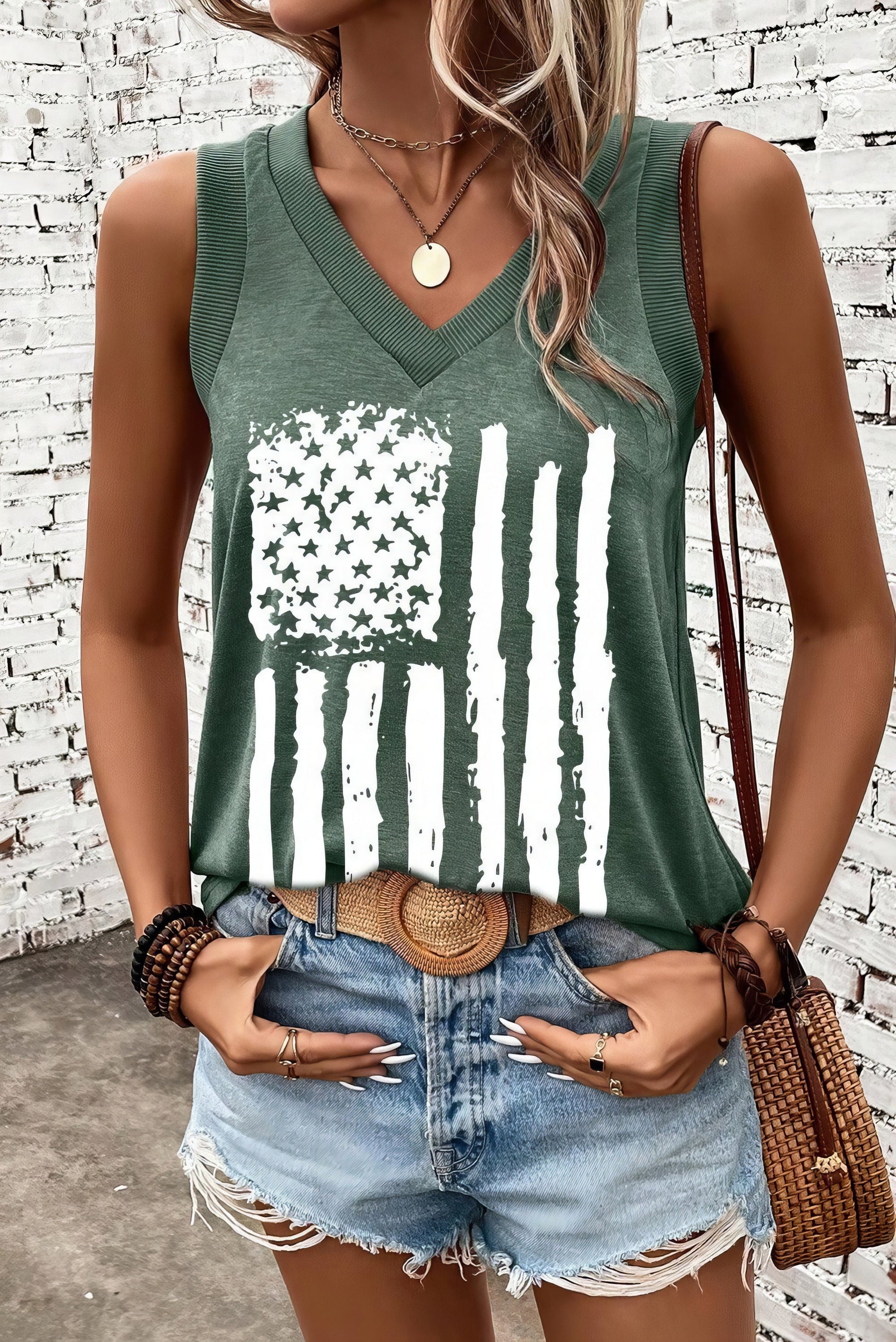 US flag V-neck tank, opaque and slightly stretchy.