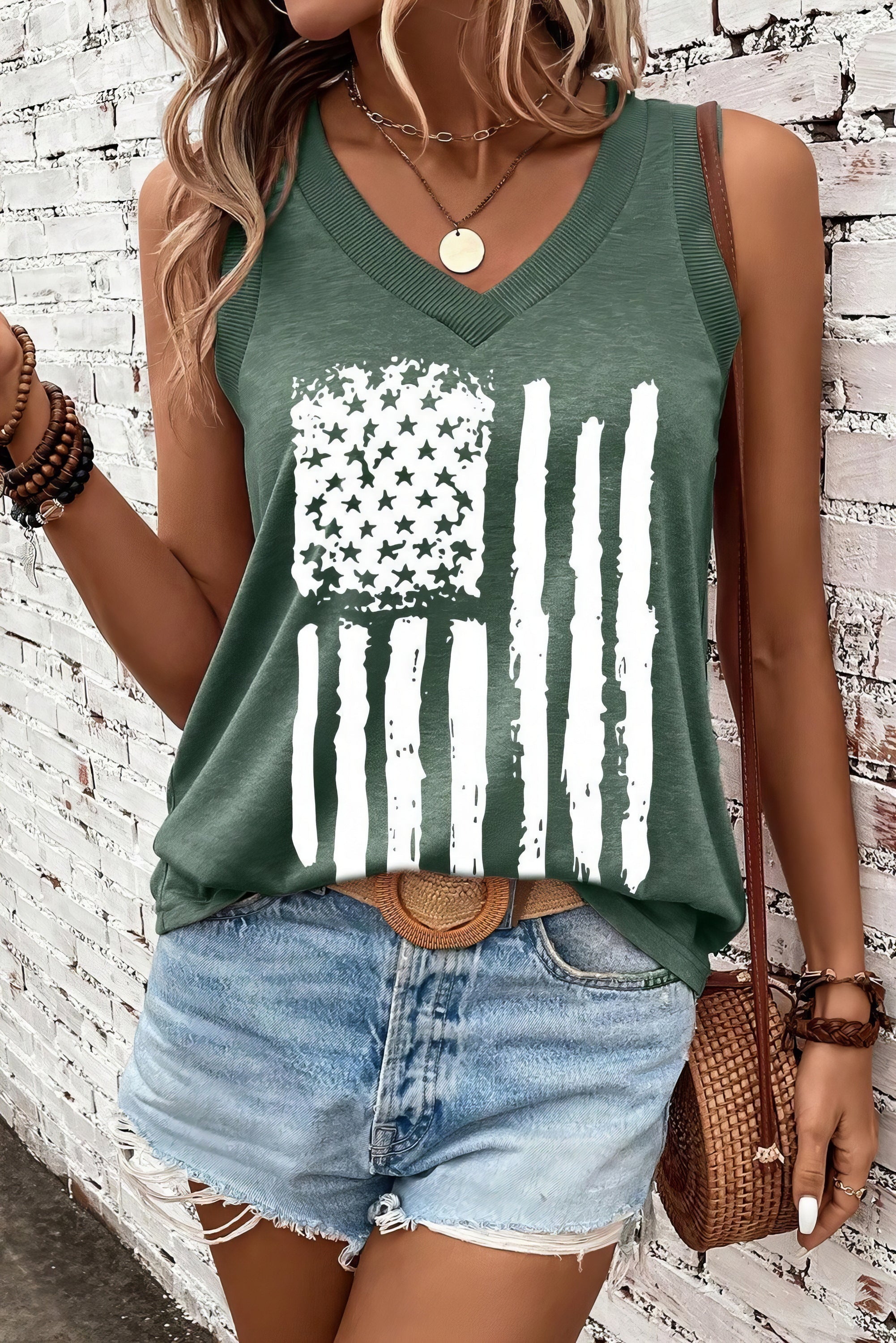 US flag V-neck tank, opaque and slightly stretchy.