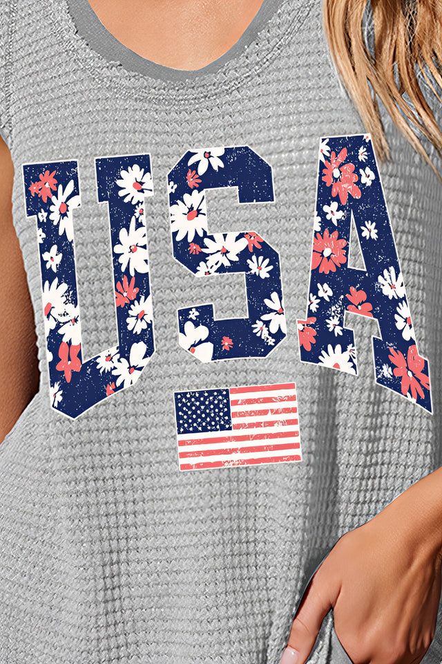 USA scoop neck tank, opaque and slightly stretchy.