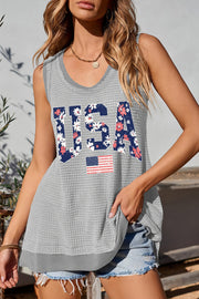 USA scoop neck tank, opaque and slightly stretchy.