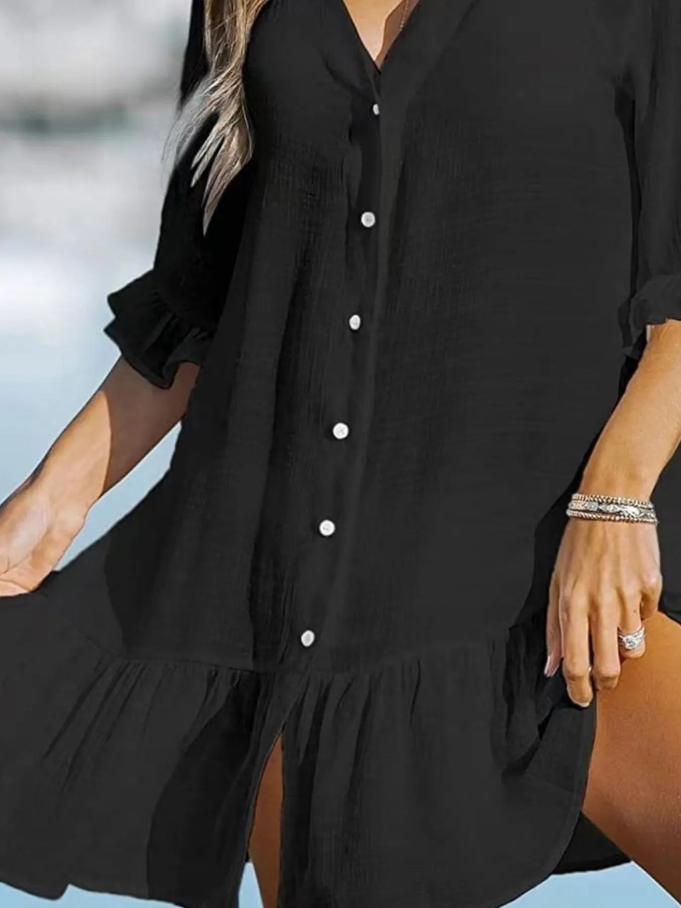 V-Neck Button Down Beach Cover Up Dress with Ruffles and Sheer.