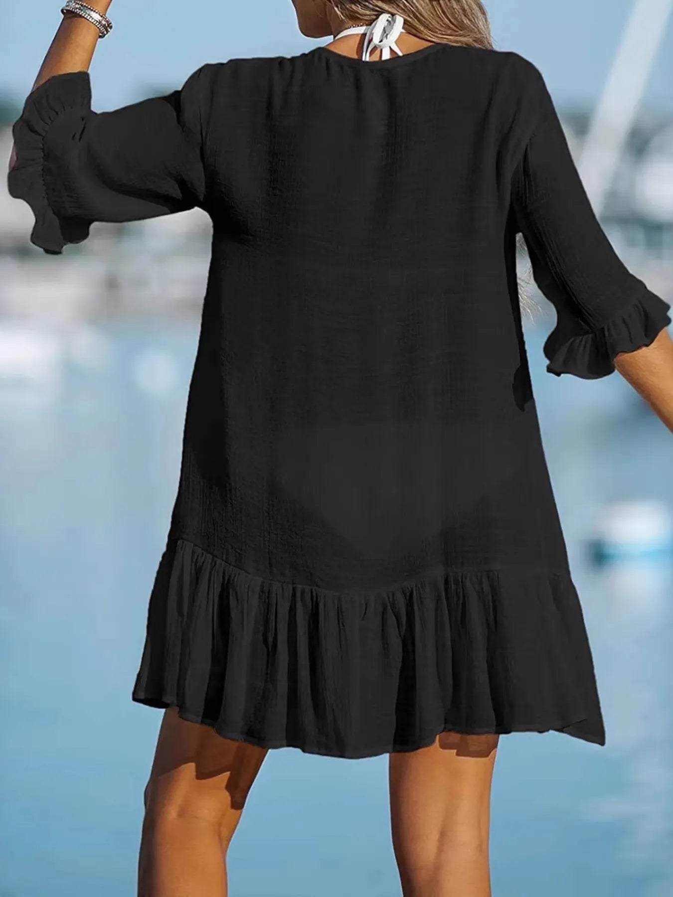 V-Neck Button Down Beach Cover Up Dress with Ruffles and Sheer.