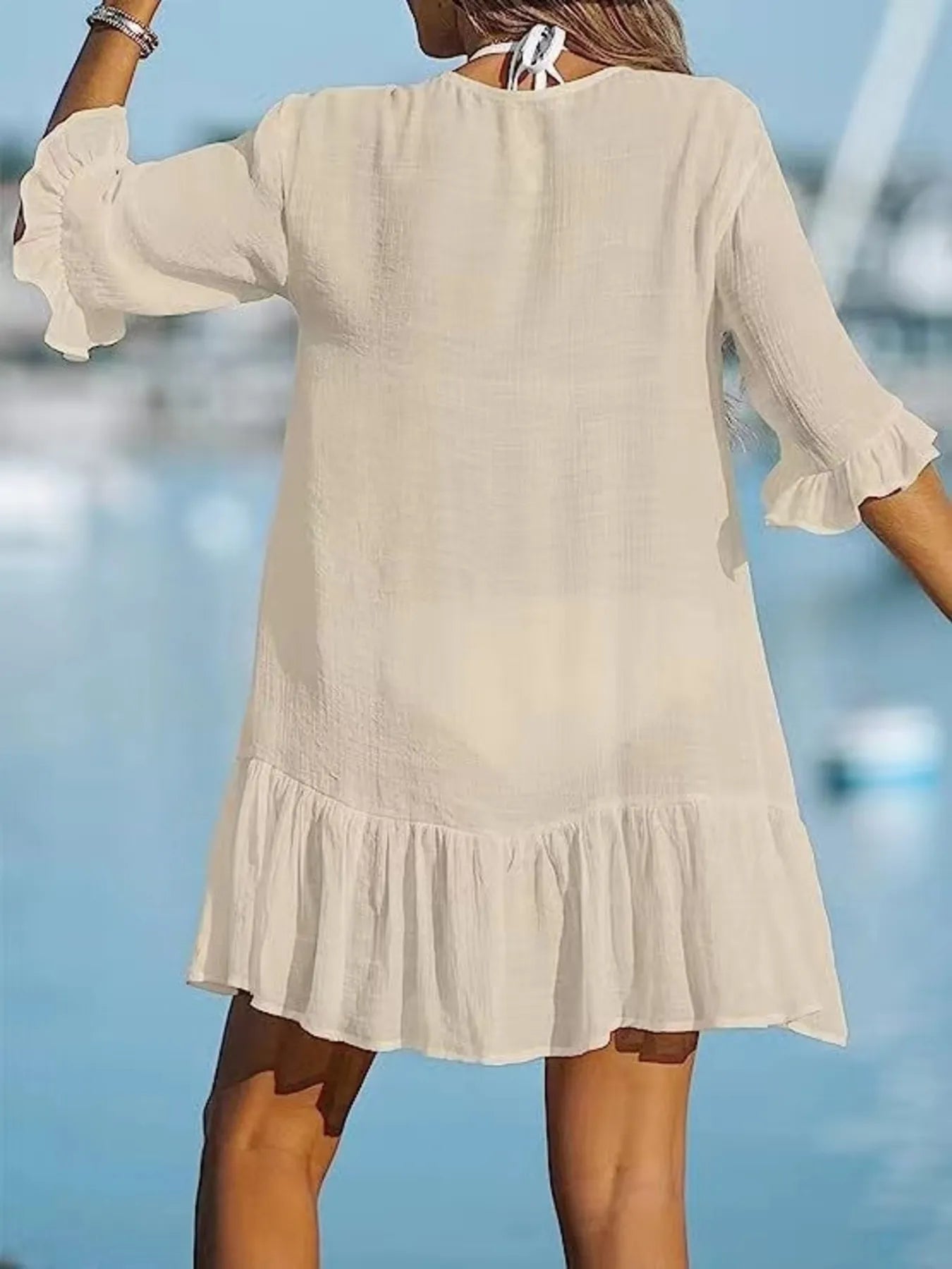 V-Neck Button Down Beach Cover Up Dress with Ruffles and Sheer.