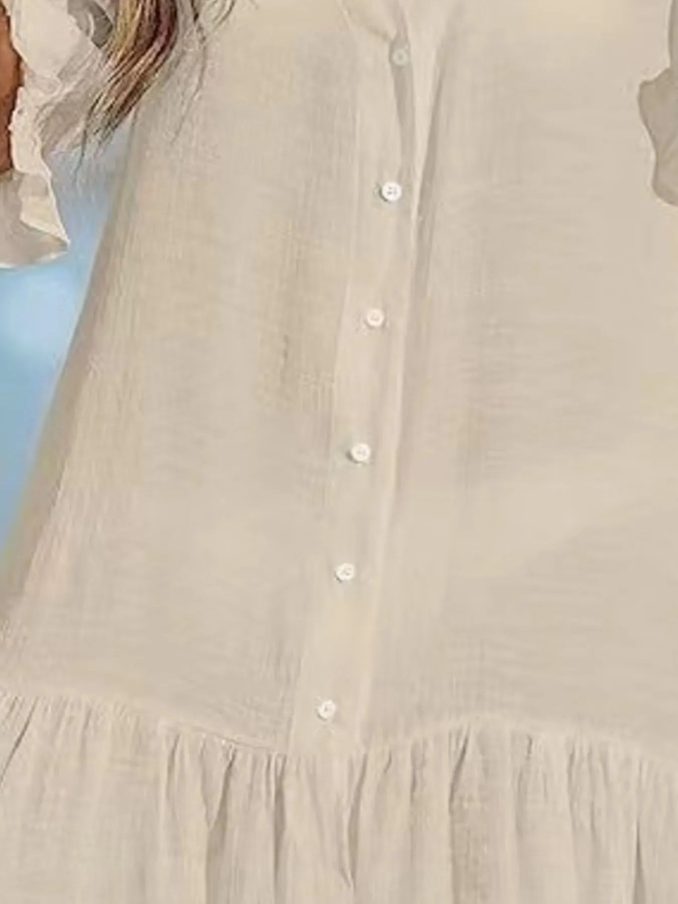 V-Neck Button Down Beach Cover Up Dress with Ruffles and Sheer.