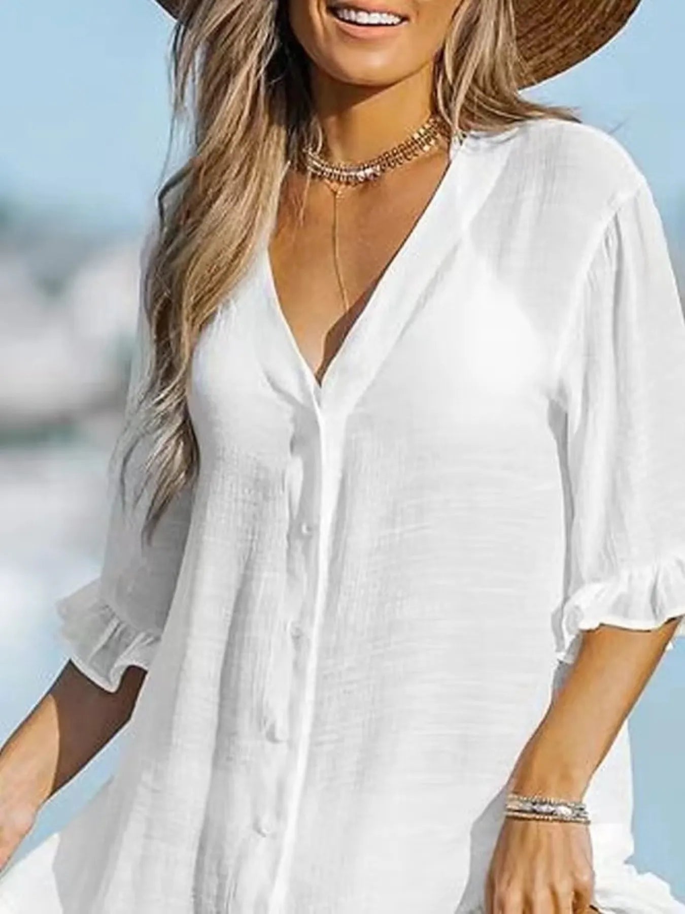 V-Neck Button Down Beach Cover Up Dress with Ruffles and Sheer.