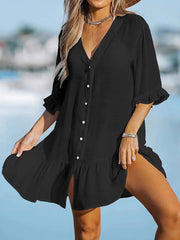 V-Neck Button Down Beach Cover Up Dress with Ruffles and Sheer.