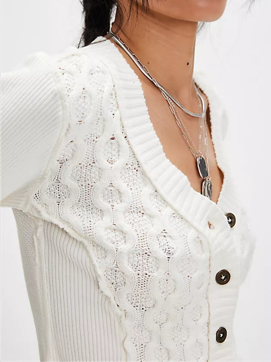 V-neck button up cropped cardigan.