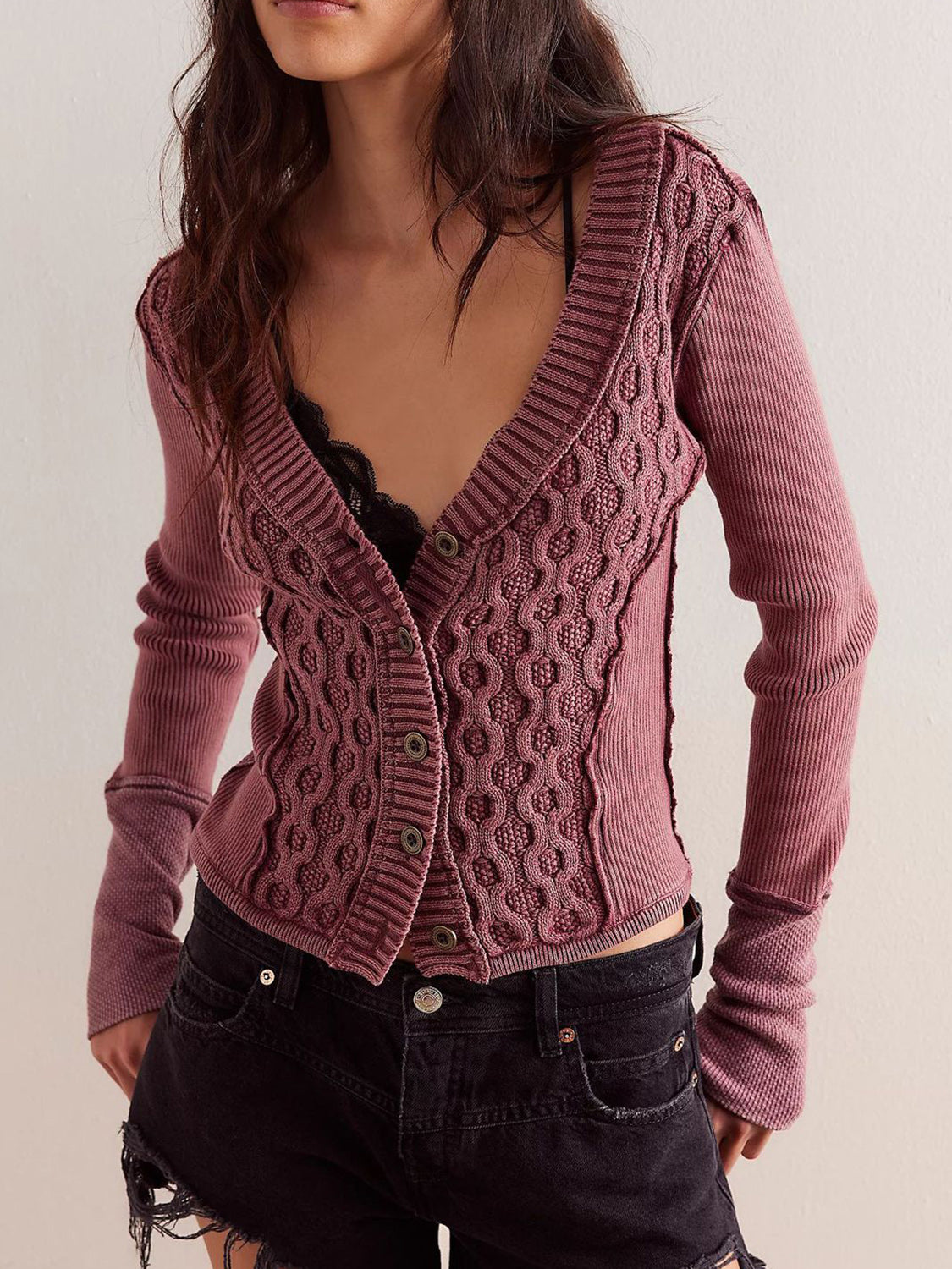 V-neck button up cropped cardigan.