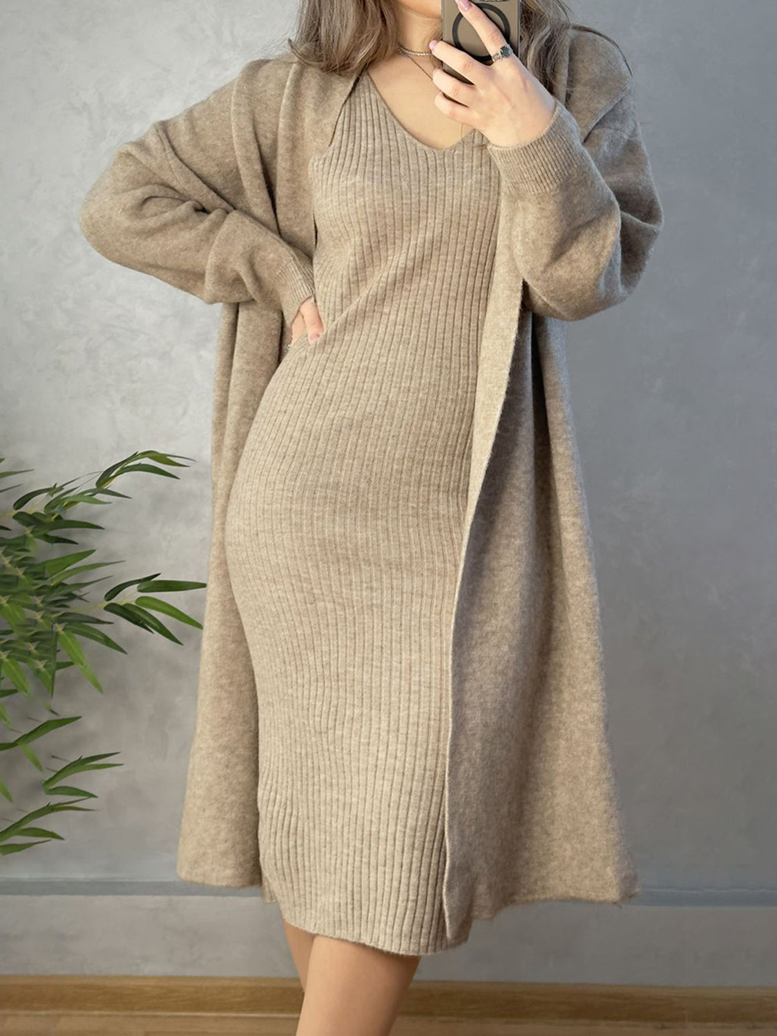 Two-piece set: V-neck cami dress and open front cardigan sweater.