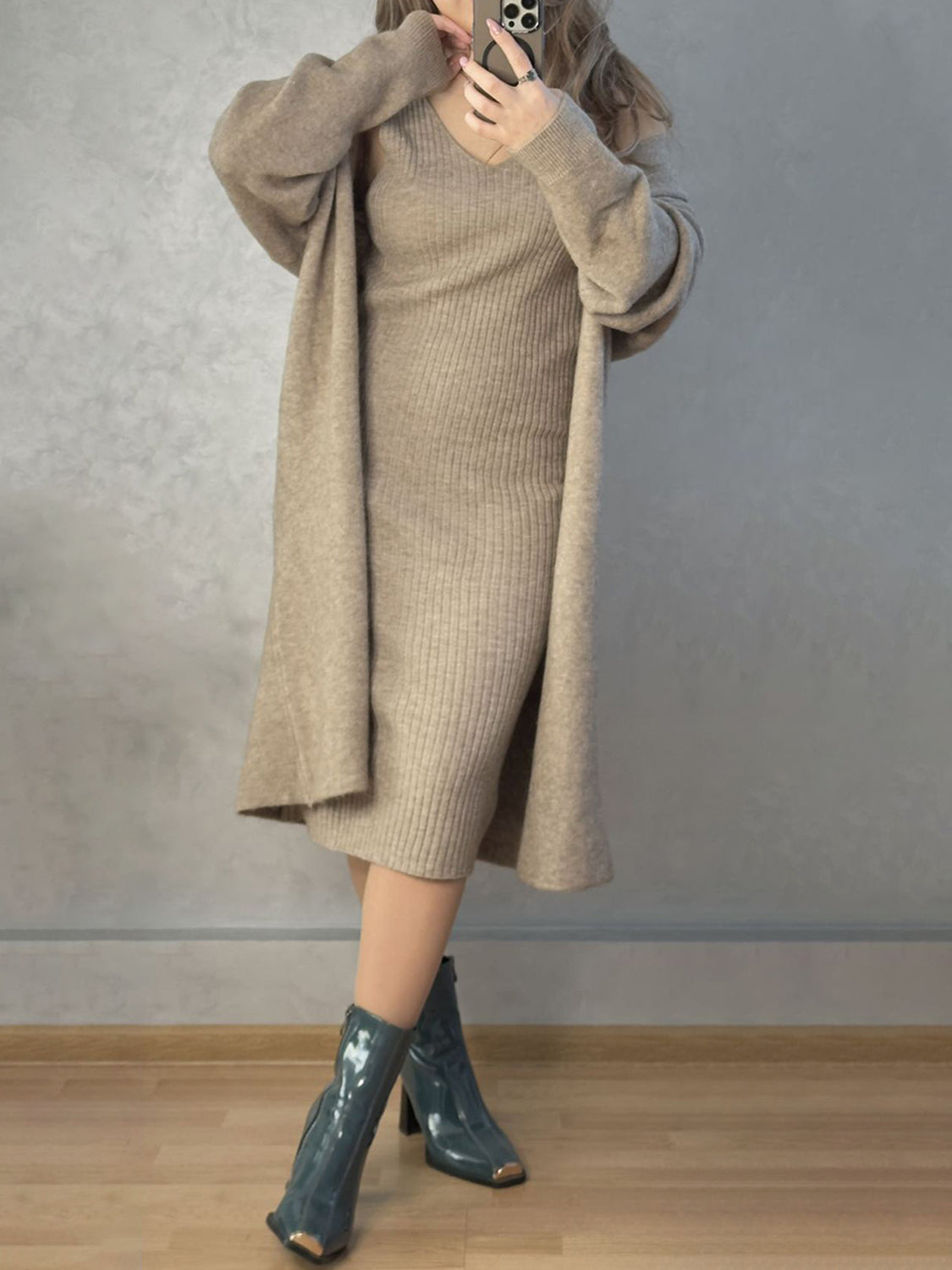 Two-piece set: V-neck cami dress and open front cardigan sweater.