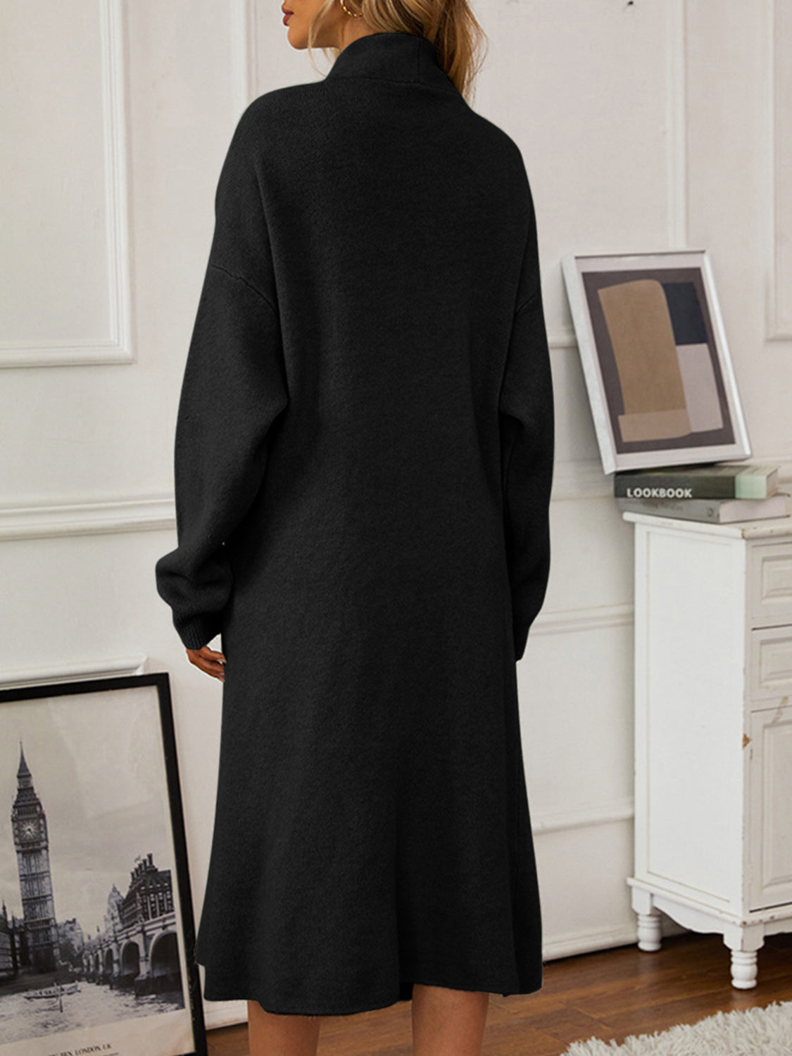 Two-piece set: V-neck cami dress and open front cardigan sweater.