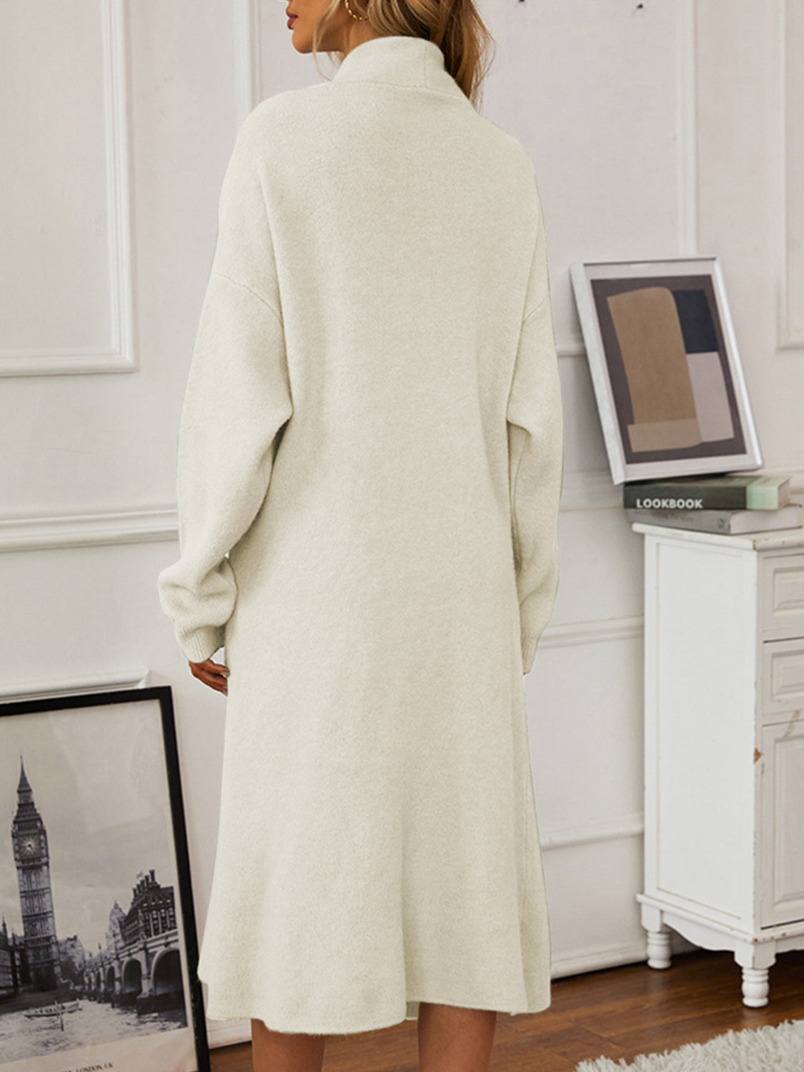 Two-piece set: V-neck cami dress and open front cardigan sweater.