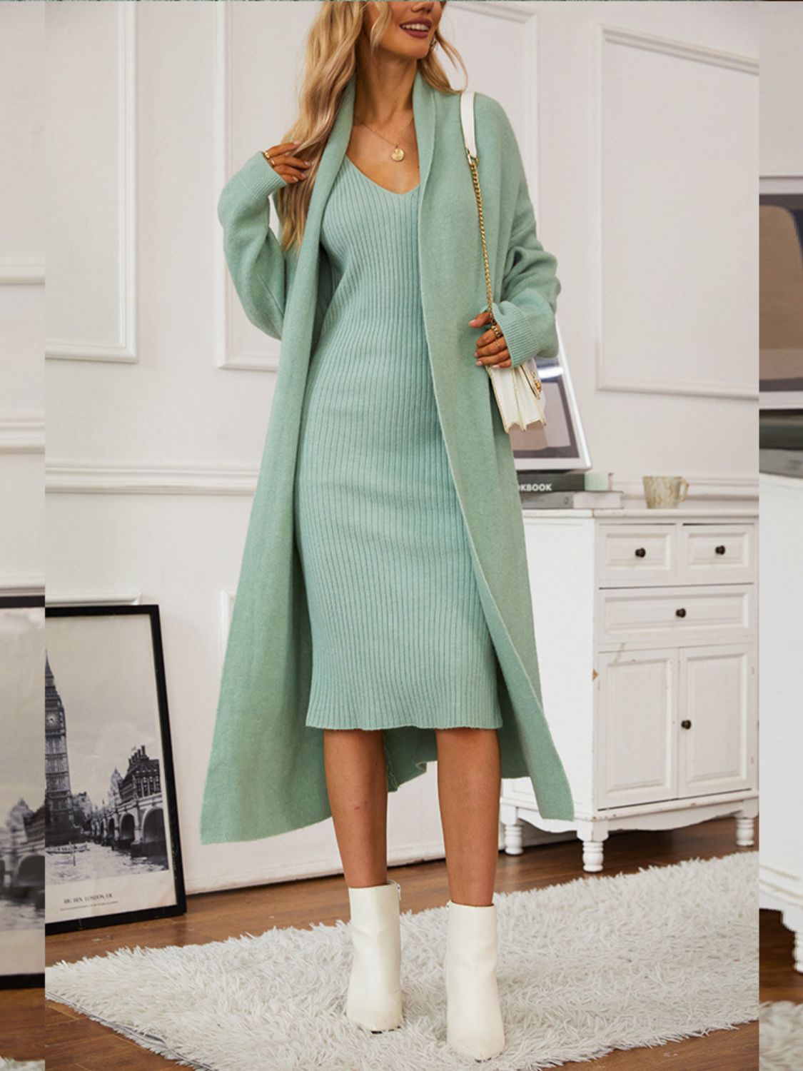 Two-piece set: V-neck cami dress and open front cardigan sweater.