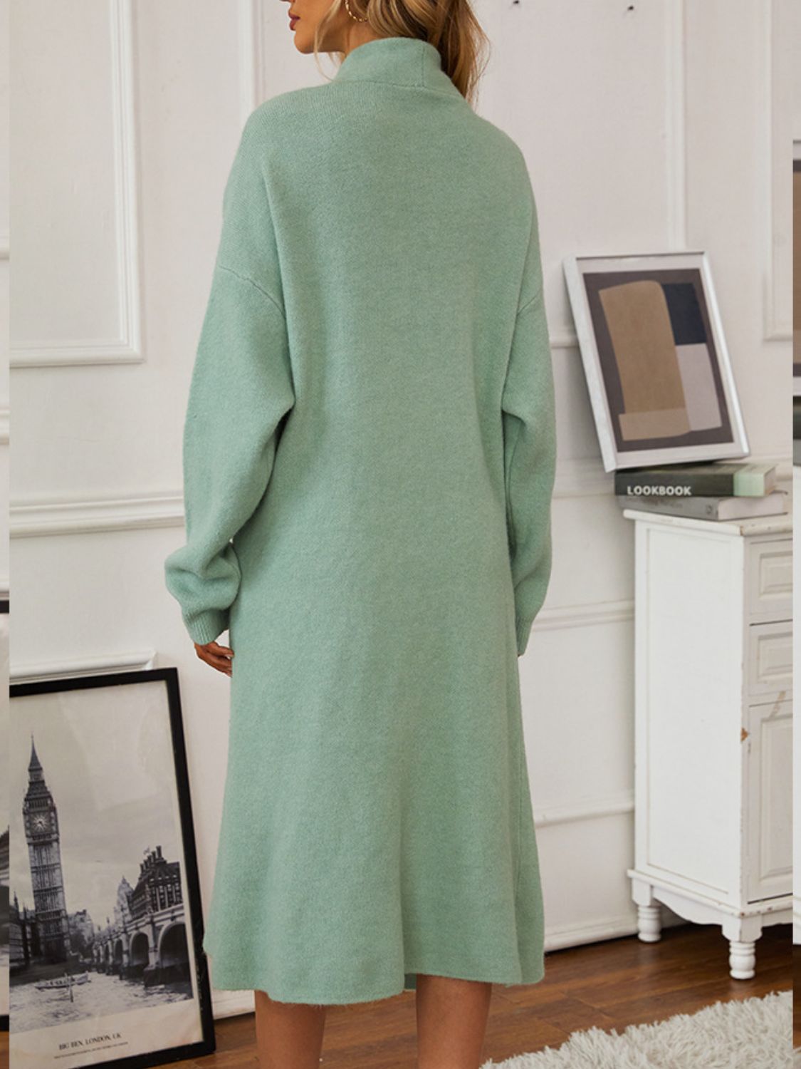 Two-piece set: V-neck cami dress and open front cardigan sweater.