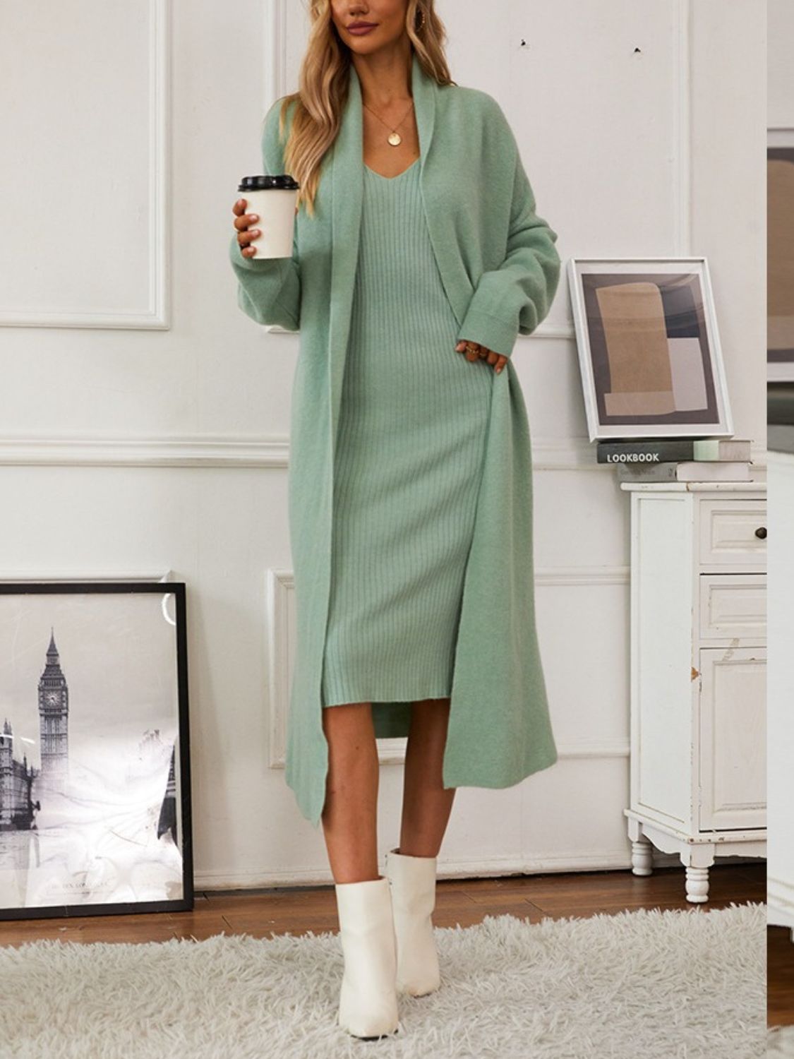 Two-piece set: V-neck cami dress and open front cardigan sweater.
