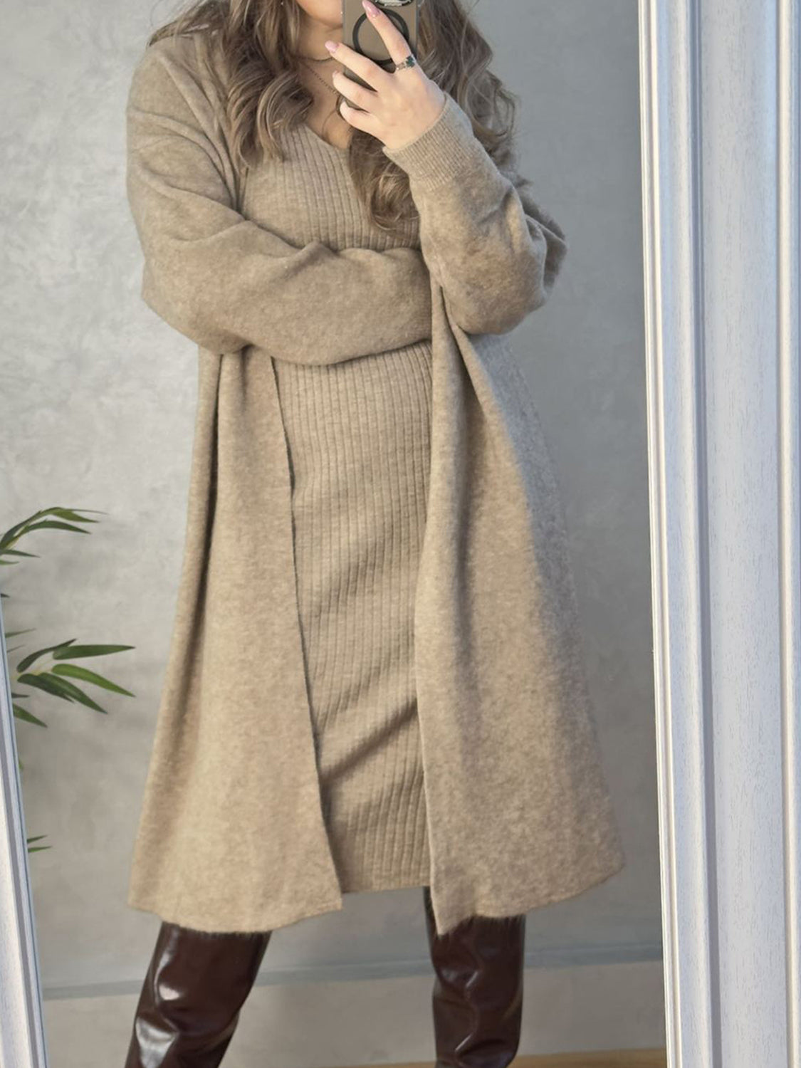 Two-piece set: V-neck cami dress and open front cardigan sweater.