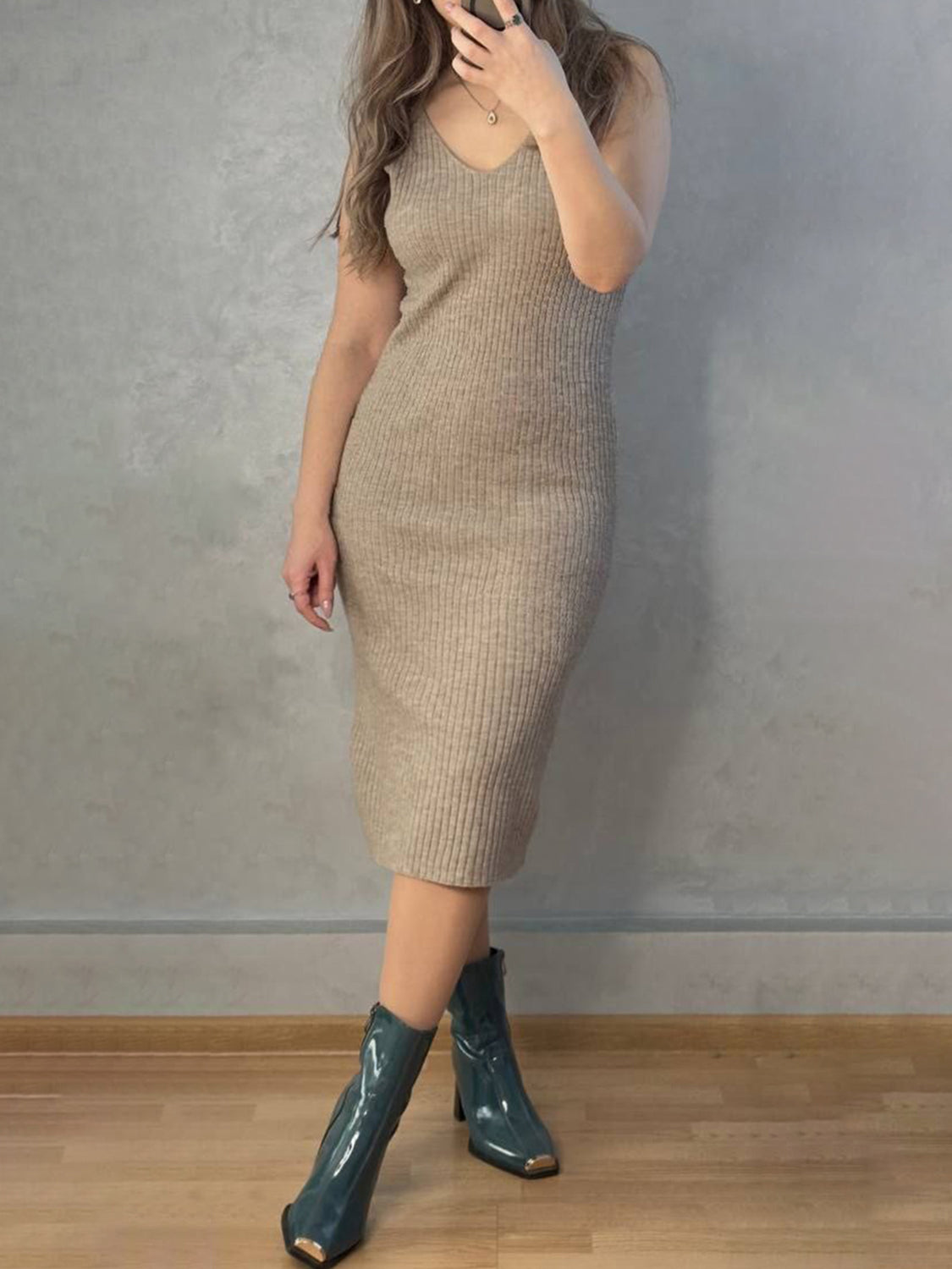 Two-piece set: V-neck cami dress and open front cardigan sweater.