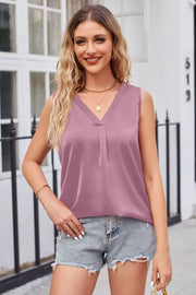 V-neck curved hem satin tank, slightly stretchy.