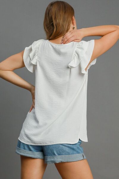 Umgee Full Size V-Neck Double Layered Ruffle Sleeve Blouse, plus size.