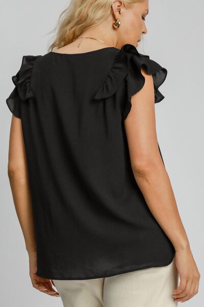 Umgee Full Size V-Neck Double Layered Ruffle Sleeve Blouse, plus size.