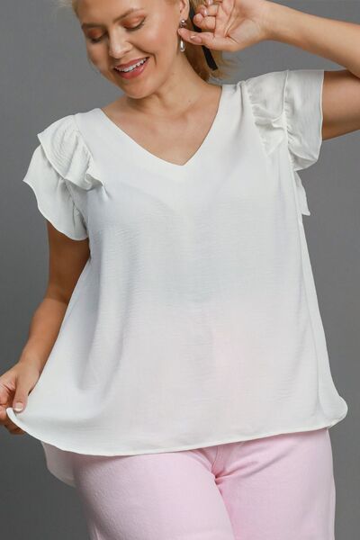 Umgee Full Size V-Neck Double Layered Ruffle Sleeve Blouse, plus size.