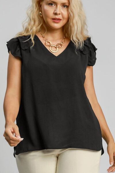 Umgee Full Size V-Neck Double Layered Ruffle Sleeve Blouse, plus size.