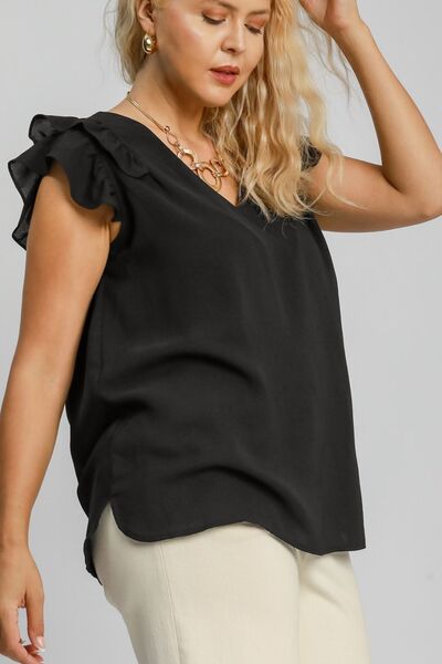 Umgee Full Size V-Neck Double Layered Ruffle Sleeve Blouse, plus size.
