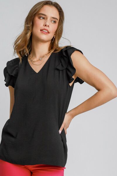 Umgee Full Size V-Neck Double Layered Ruffle Sleeve Blouse, plus size.