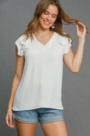 Umgee Full Size V-Neck Double Layered Ruffle Sleeve Blouse, plus size.