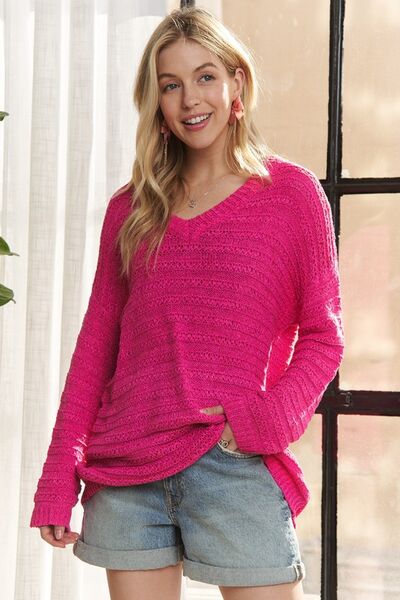 Adora V-Neck Drop Shoulder Long Sleeve Sweater.