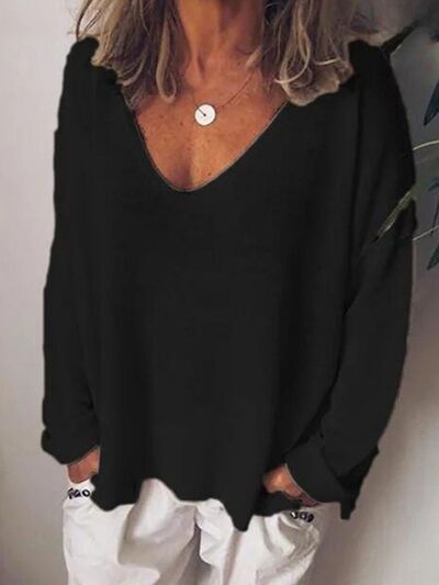 V-Neck Drop Shoulder Long Sleeve T-Shirt Plus Size