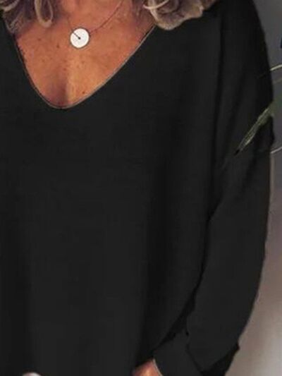 V-Neck Drop Shoulder Long Sleeve T-Shirt Plus Size