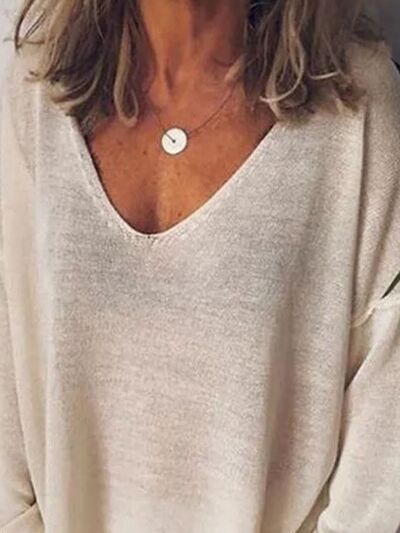 V-Neck Drop Shoulder Long Sleeve T-Shirt Plus Size